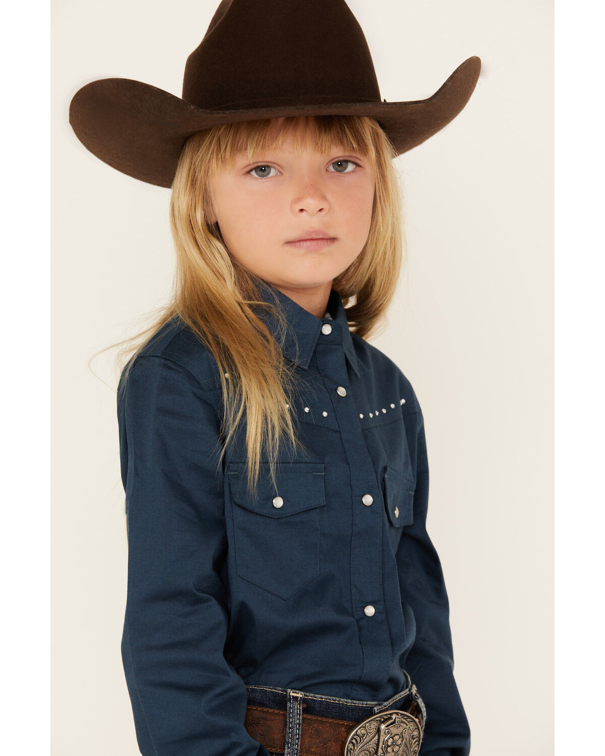 Image #2 - Shyanne Girls' Solid Rhinestone Long Sleeve Snap Stretch Western Shirt, Blue, hi-res