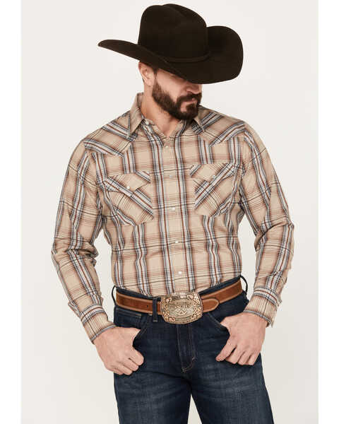 Ely Walker Men's Plaid Print Long Sleeve Pearl Snap Western Shirt, Beige/khaki, hi-res