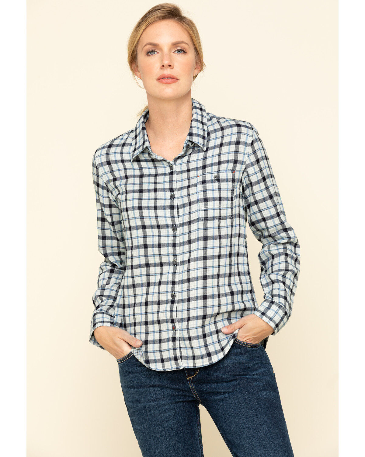 Image #1 - Dovetail Workwear Women's Plaid Print Long Sleeve Button Down Givens Work Shirt, Indigo, hi-res