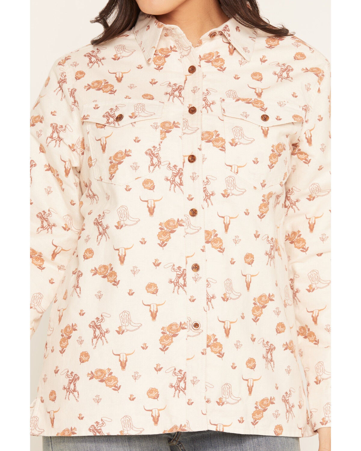 Image #3 - Ely Walker Women's Boot Barn Exclusive Western Conversational Print Sherpa Lined Flannel Shacket, Cream, hi-res