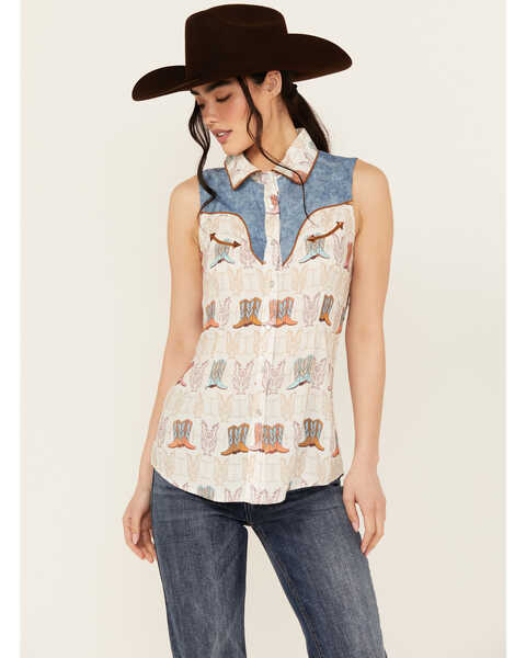 Panhandle Women's Boot Print Sleeveless Pearl Snap Western Shirt , Cream, hi-res