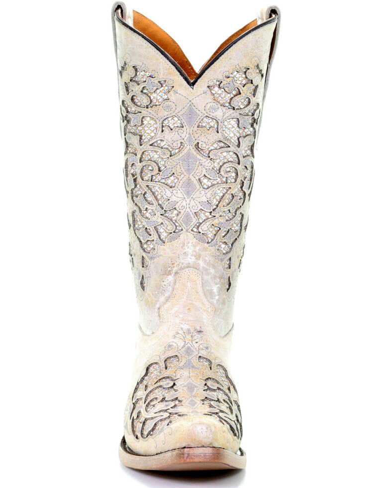 Corral Girls' White Glitter Inlay Boots - Snip Toe, White, hi-res