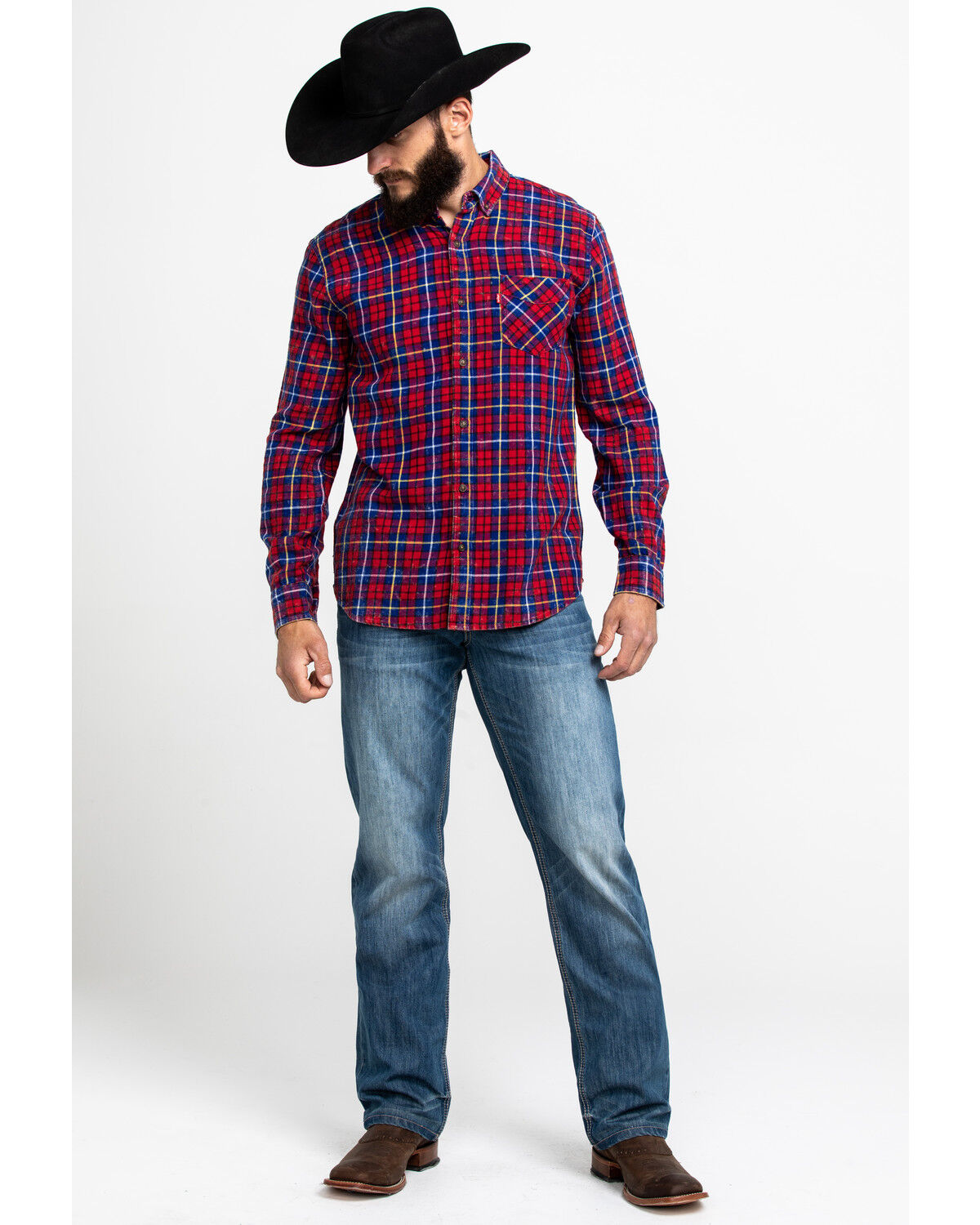 Image #6 - Levi's Men's Red Mondy Plaid Long Sleeve Western Flannel Shirt, Red, hi-res