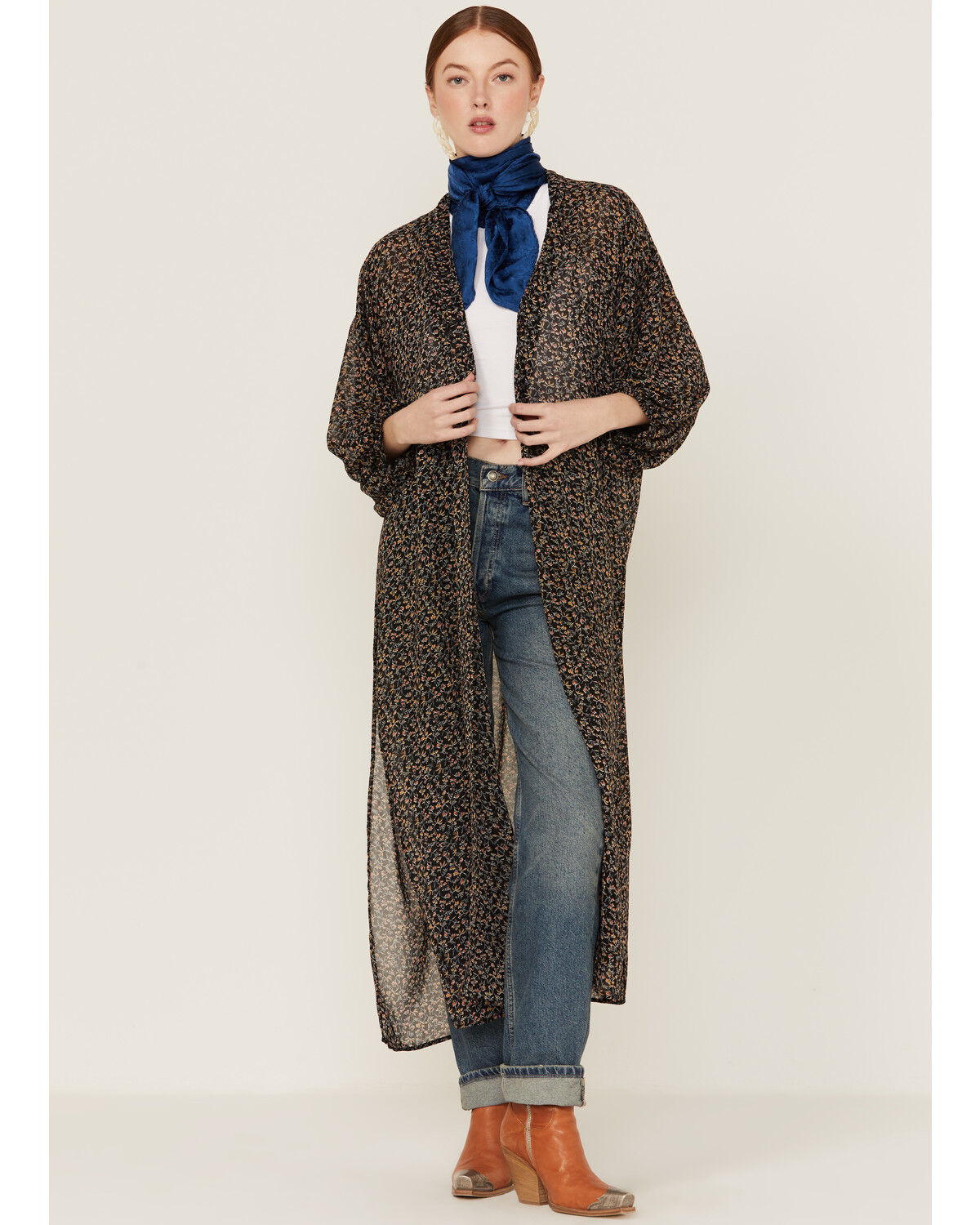 Image #1 - Beyond The Radar Women's Floral Chiffon Duster Maxi Kimono, Black, hi-res