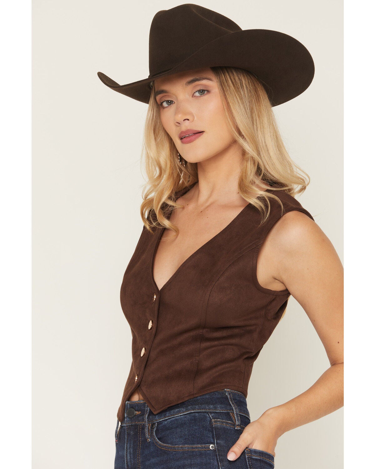Image #3 - Stoosh Women's Faux Suede Solid Button-Down Vest, Dark Brown, hi-res