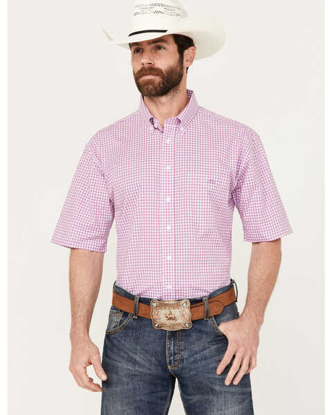 Image #1 - Resistol Men's Davie Checkered Print Short Sleeve Button Down Western Shirt, Light Purple, hi-res