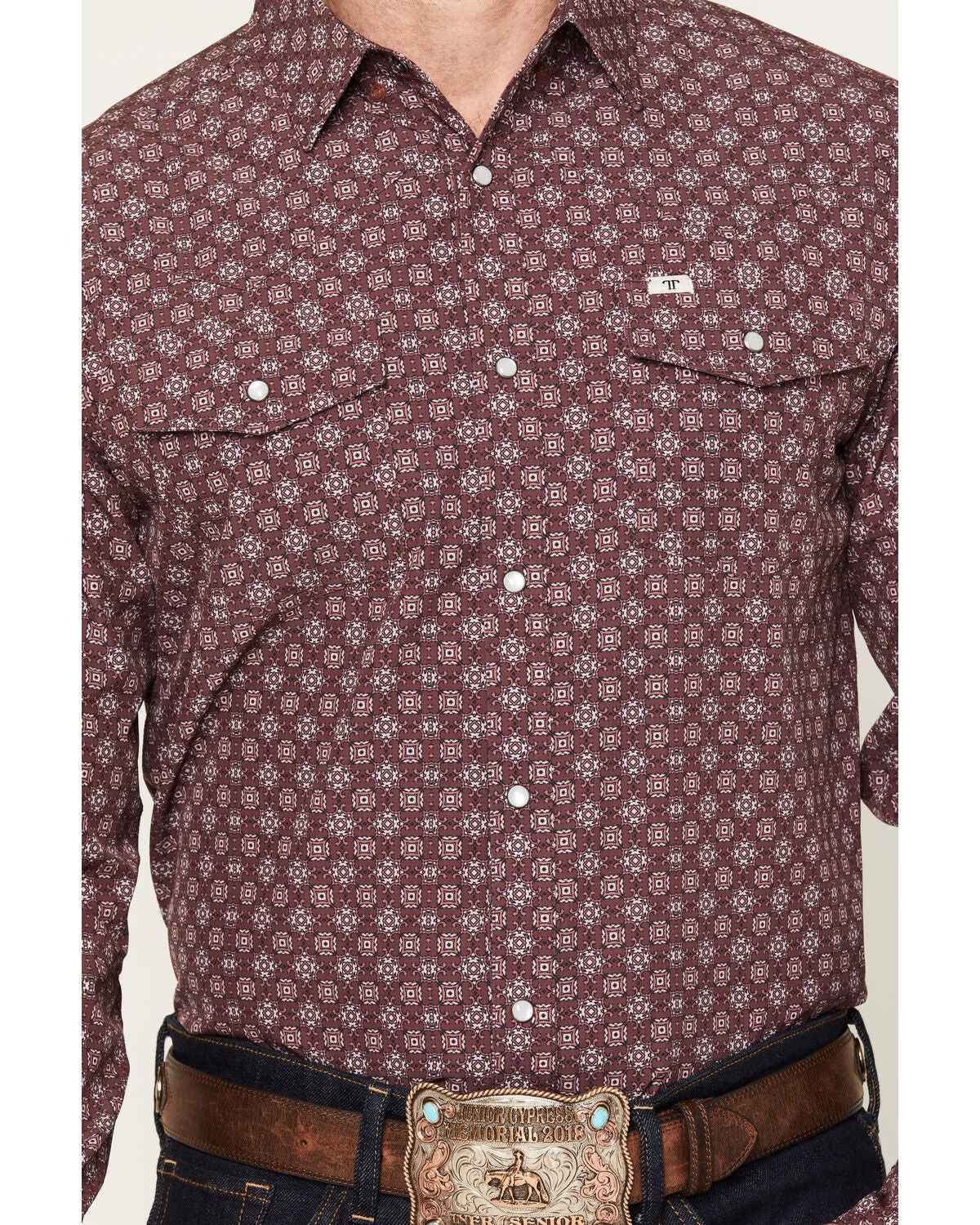 Image #3 - Ferrell Men's Sutton Tek Medallion Print Long Sleeve Pearl Snap Stretch Western Shirt, Burgundy, hi-res