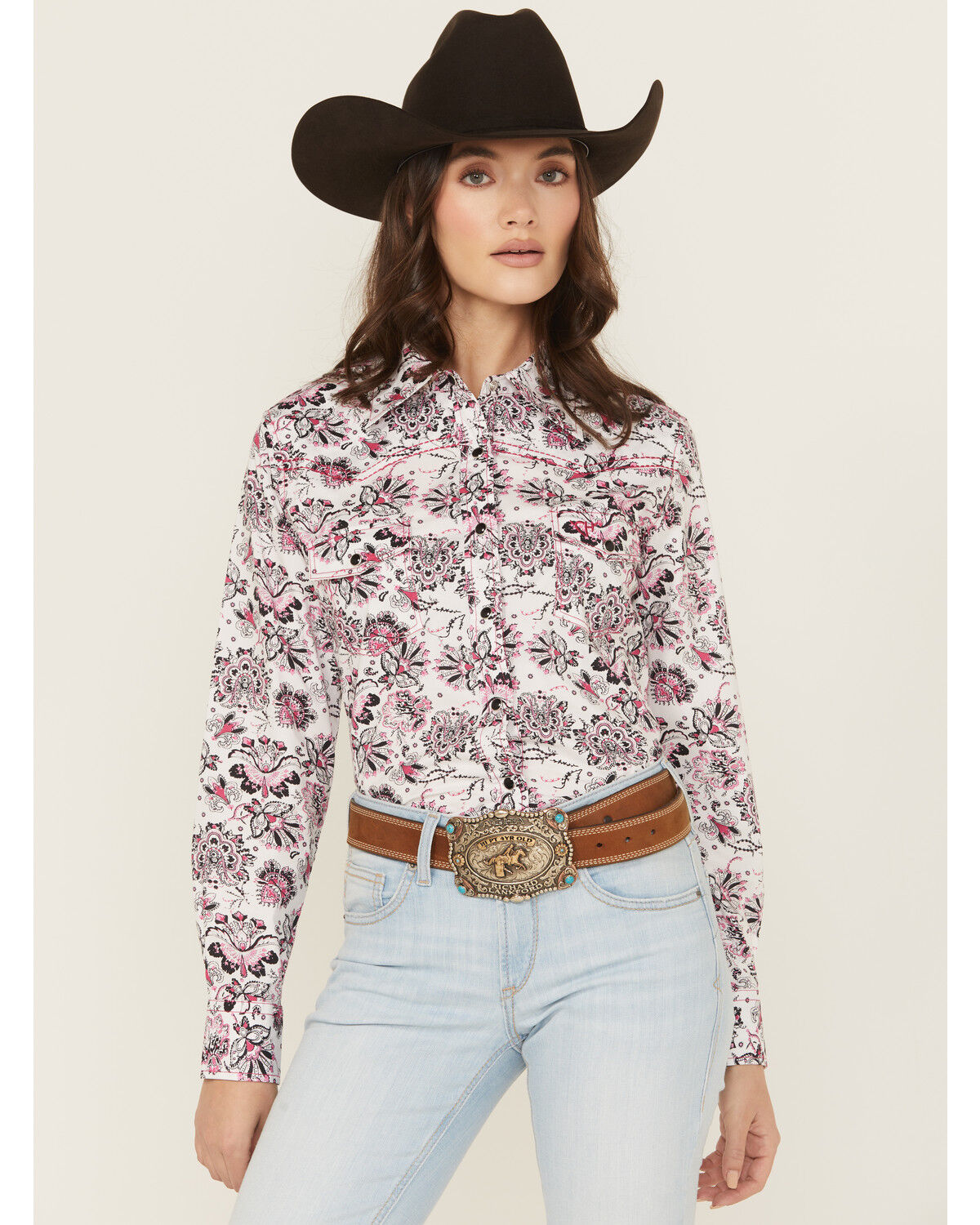Image #1 - Cowgirl Hardware Women's Paisley Print Long Sleeve Snap Stretch Western Shirt, Pink, hi-res