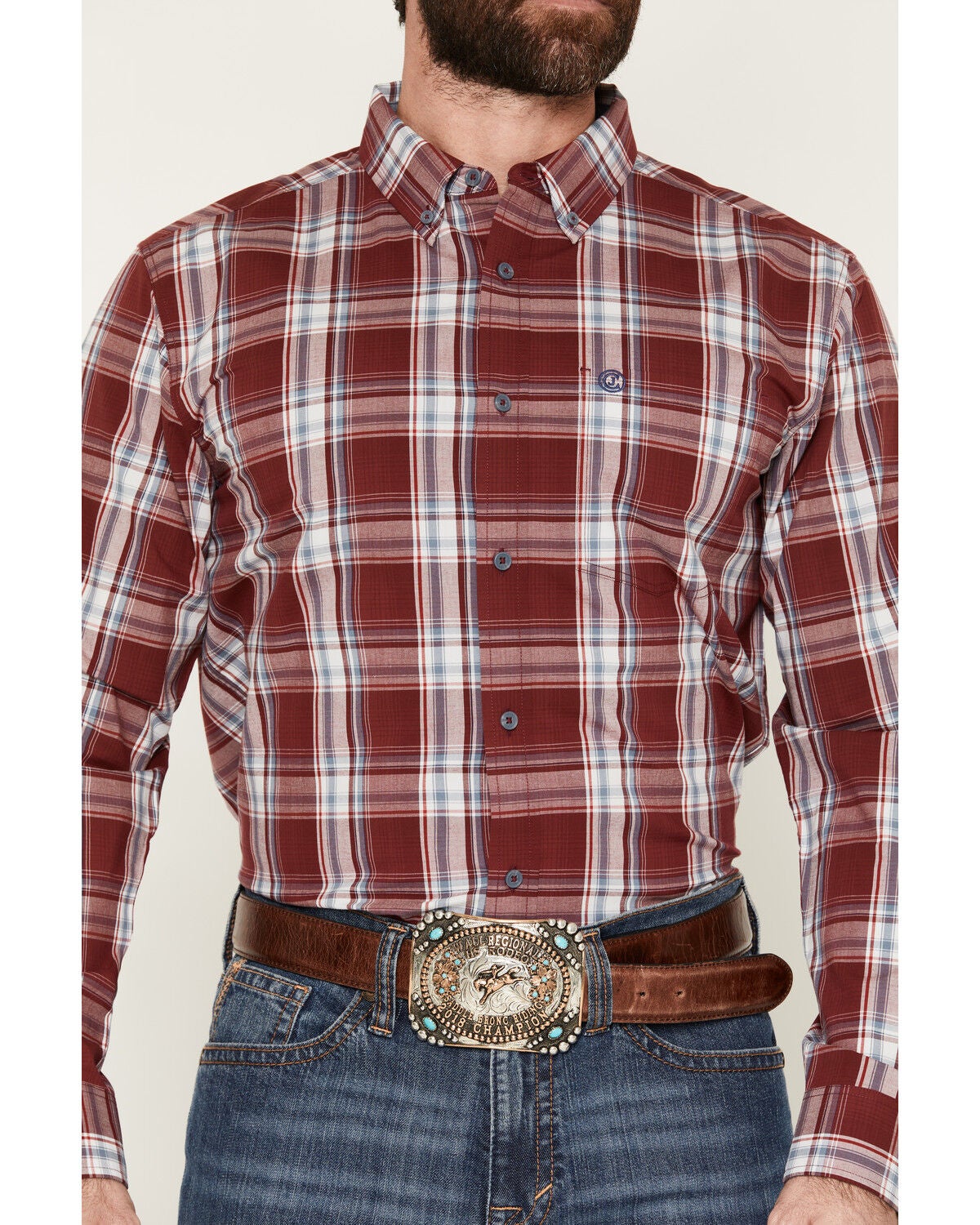 Image #3 - Cody James Men's Ruby Red Plaid Print Long Sleeve Button-Down Stretch Western Shirt, Burgundy, hi-res