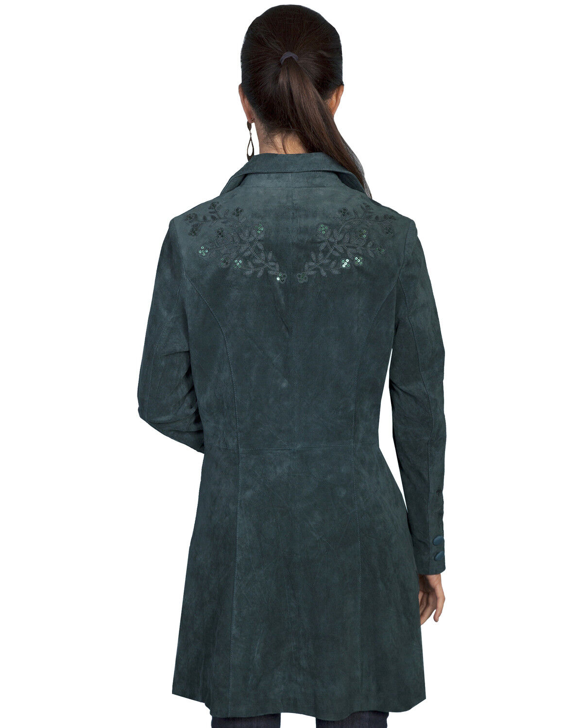 Image #2 - Scully Embroidered Boar Suede Long Coat, Teal, hi-res