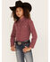 Image #1 - Roper Girls' Geo Print Long Sleeve Performance Pearl Snap Western Shirt, Red, hi-res