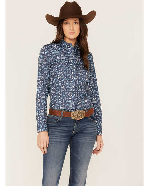 Image #1 - Roper Women's Southwestern Print Western Pearl Snap Shirt, Blue, hi-res