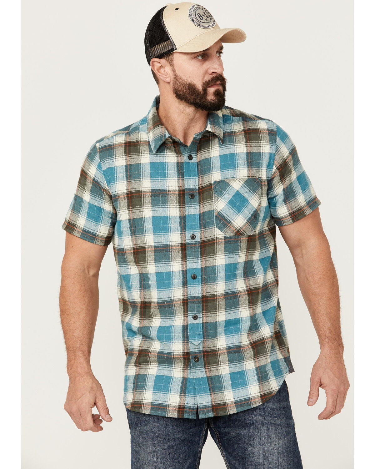 Brothers and Sons Men's Bonner Plaid Print Short Sleeve Button Down Western Shirt, Light Blue, hi-res