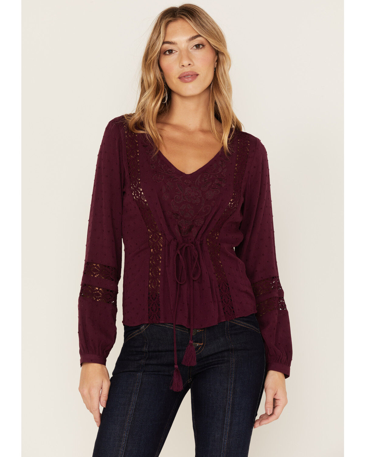 Image #1 - Idyllwind Women's Romance Floral Embroidered Swiss Dot Blouse, Purple, hi-res