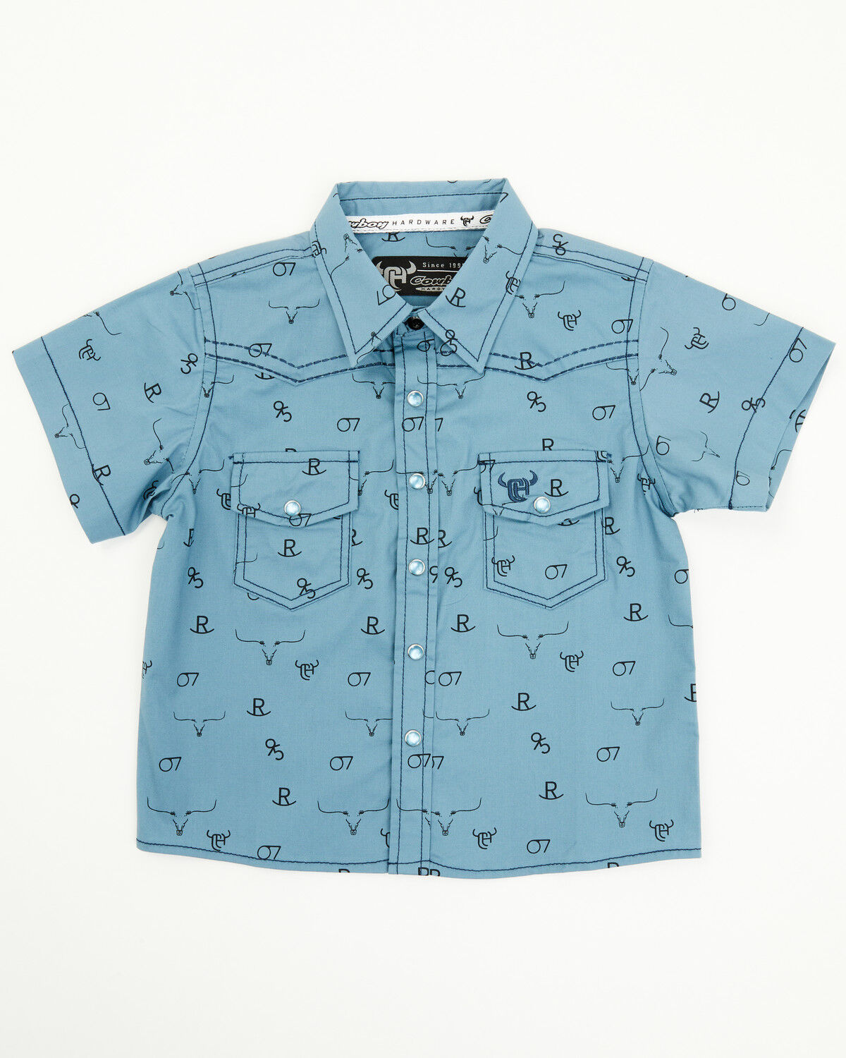 Image #1 - Cowboy Hardware Toddler Boys' Branding Iron Short Sleeve Snap Western Shirt, Blue, hi-res