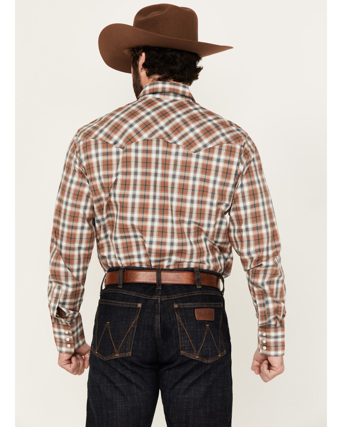 Image #4 - Wrangler Retro Men's Plaid Print Long Sleeve Snap Western Shirt, Brown, hi-res