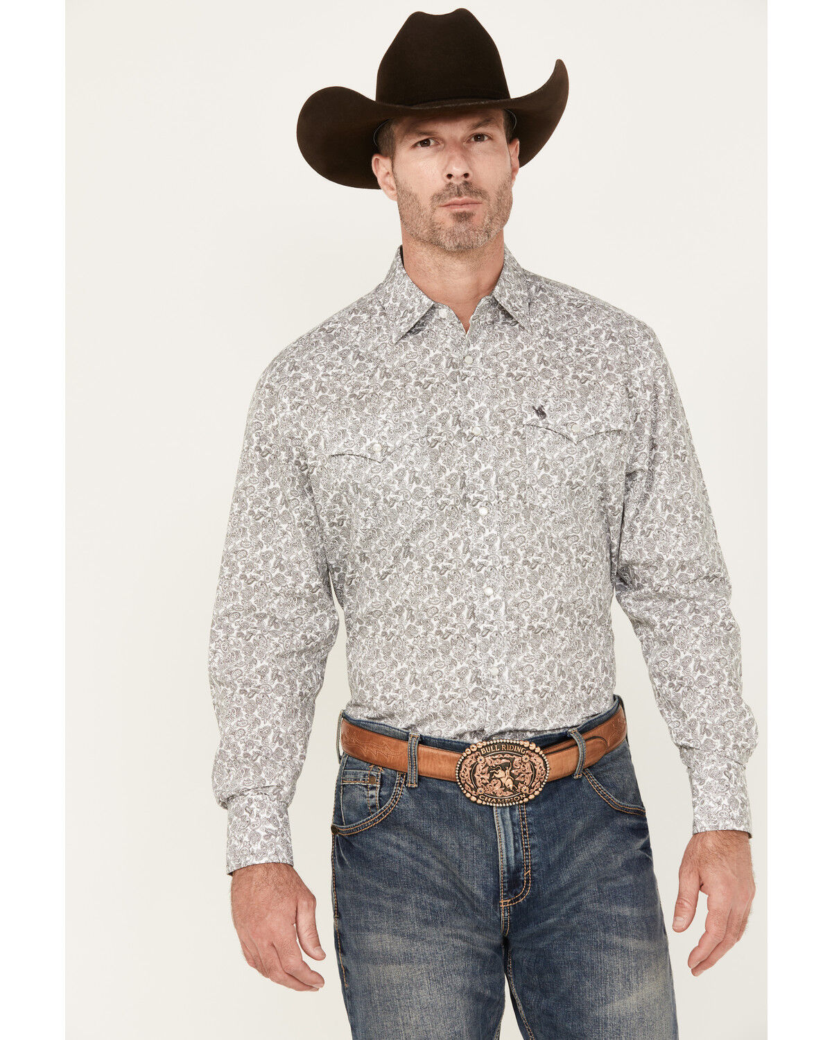 Image #1 - Rodeo Clothing Men's Paisley Print Long Sleeve Pearl Snap Western Shirt, White, hi-res