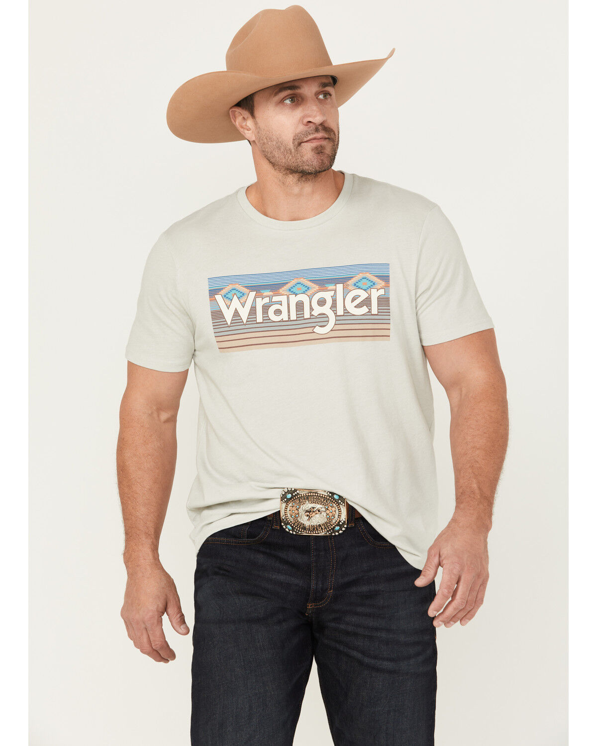 Image #1 - Wrangler Men's Southwestern Logo Short Sleeve Graphic T-Shirt, Off White, hi-res