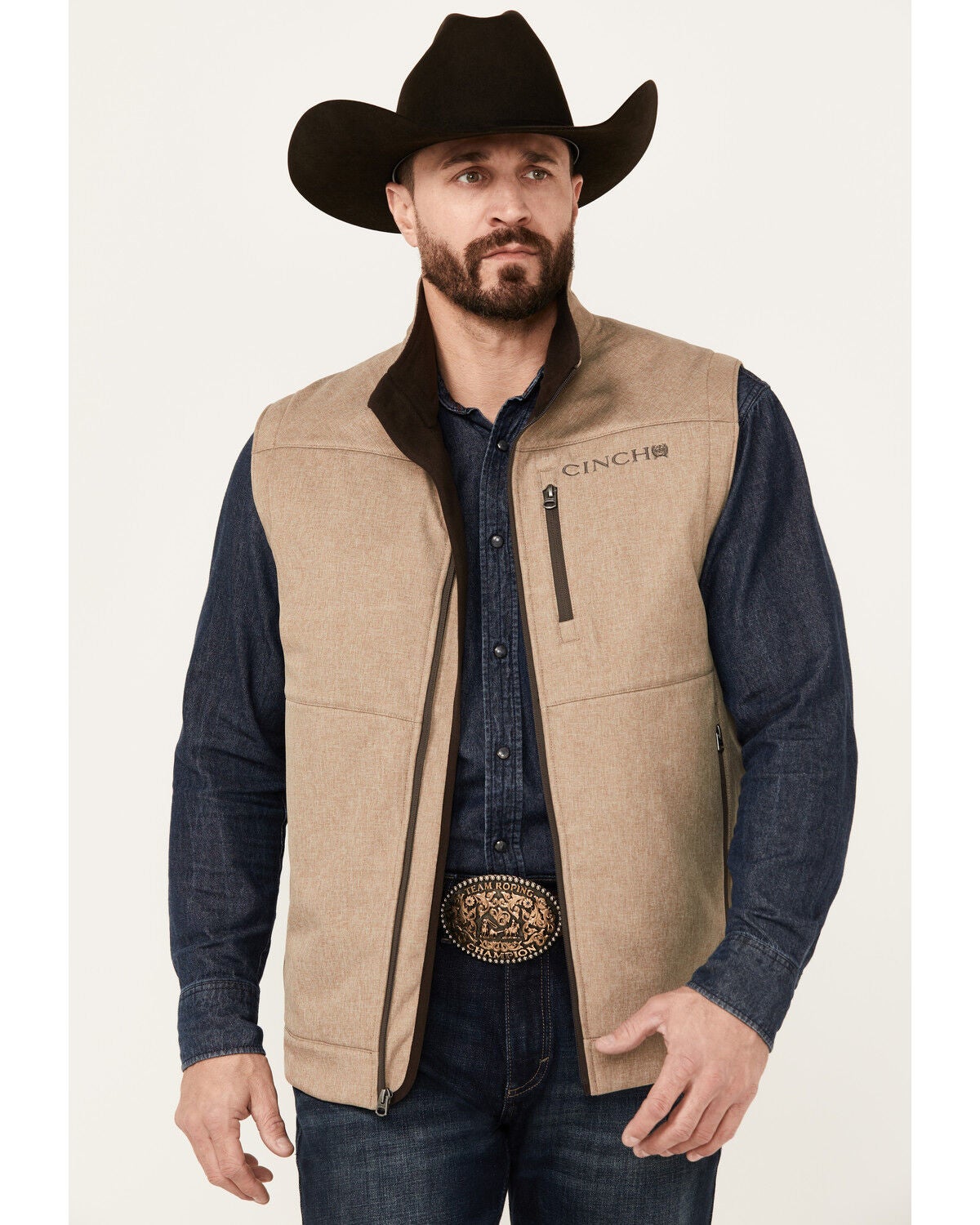 Image #1 - Cinch Men's Textured Logo Concealed Carry Zip Bonded Vest, Stone, hi-res