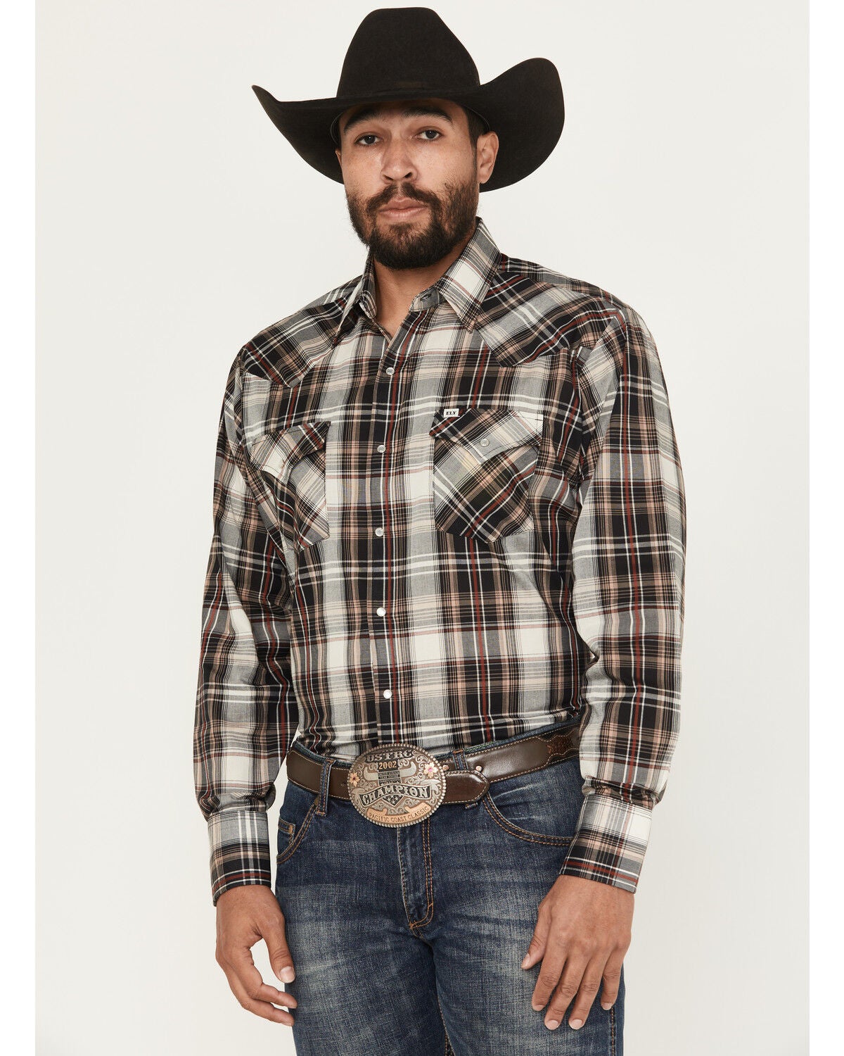 Ely Walker Men's Plaid Print Long Sleeve Pearl Snap Western Shirt, Tan, hi-res