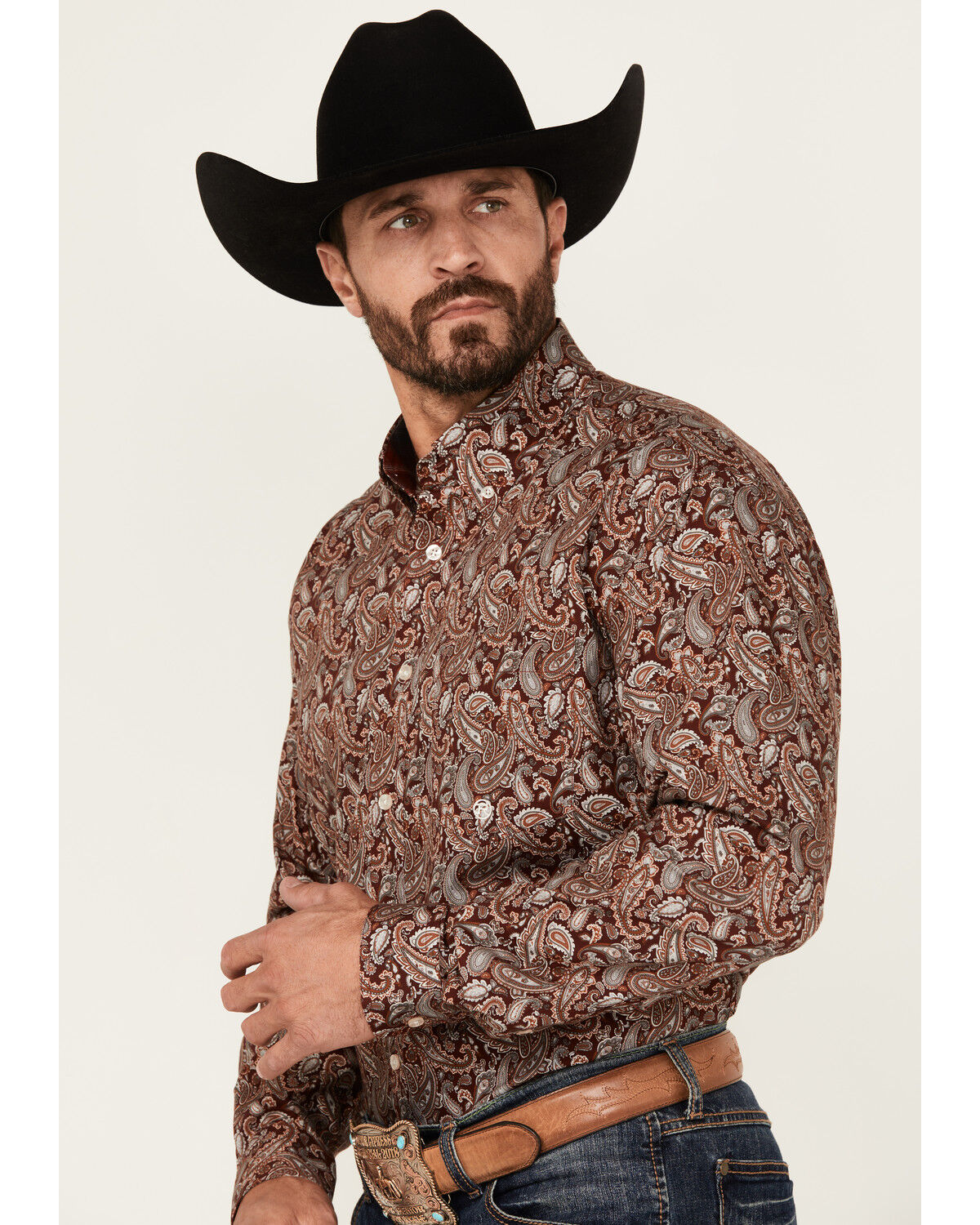 Image #2 - Roper Men's Amarillo Paisley Print Long Sleeve Button-Down Western Shirt, Wine, hi-res