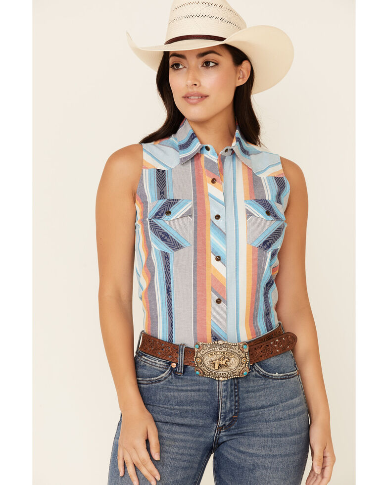 Rock & Roll Denim Women's Southwestern Stripe Snap Sleeveless Western Shirt , Turquoise, hi-res