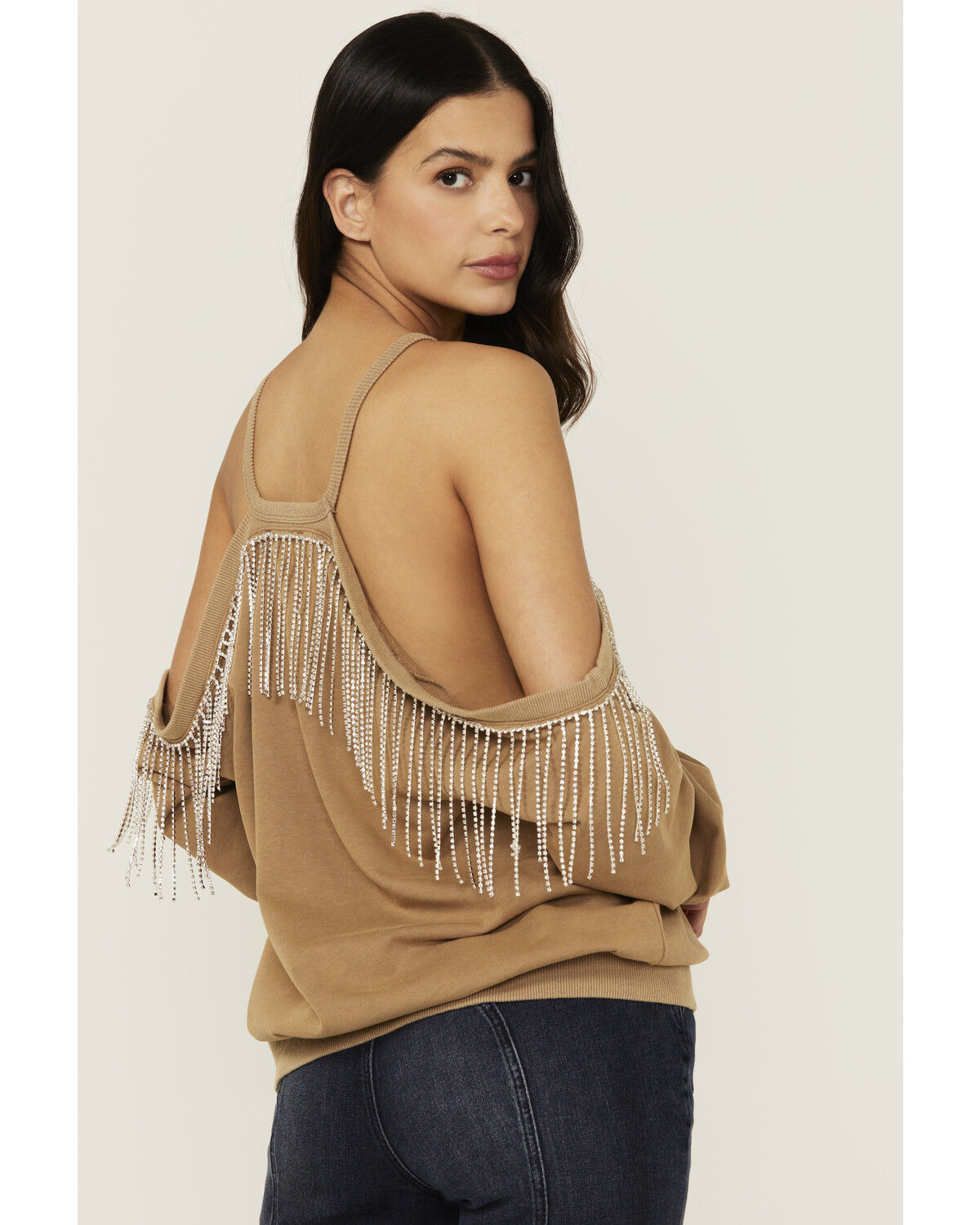Image #4 - Blue B Women's Rhinestone Fringe Cold Shoulder Sweatshirt, Brown, hi-res