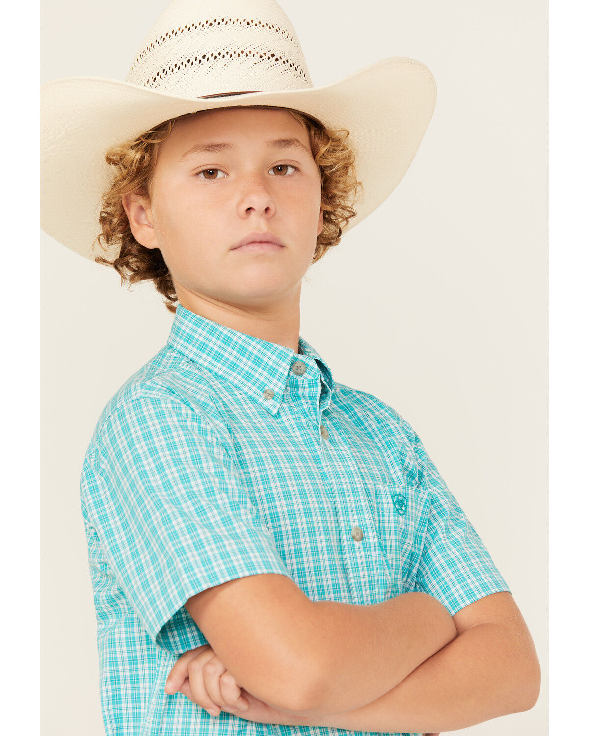 Image #2 - Ariat Boys' Pro Jensen Plaid Print Short Sleeve Button-Down Western Shirt, Turquoise, hi-res