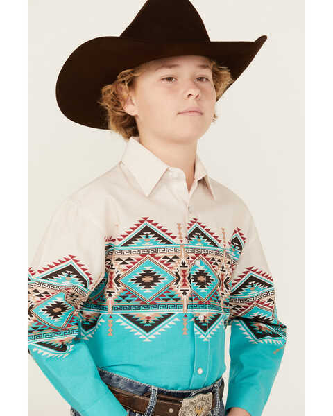 Image #2 - Panhandle Boys' Border Print Long Sleeve Pearl Snap Western Shirt, Tan, hi-res