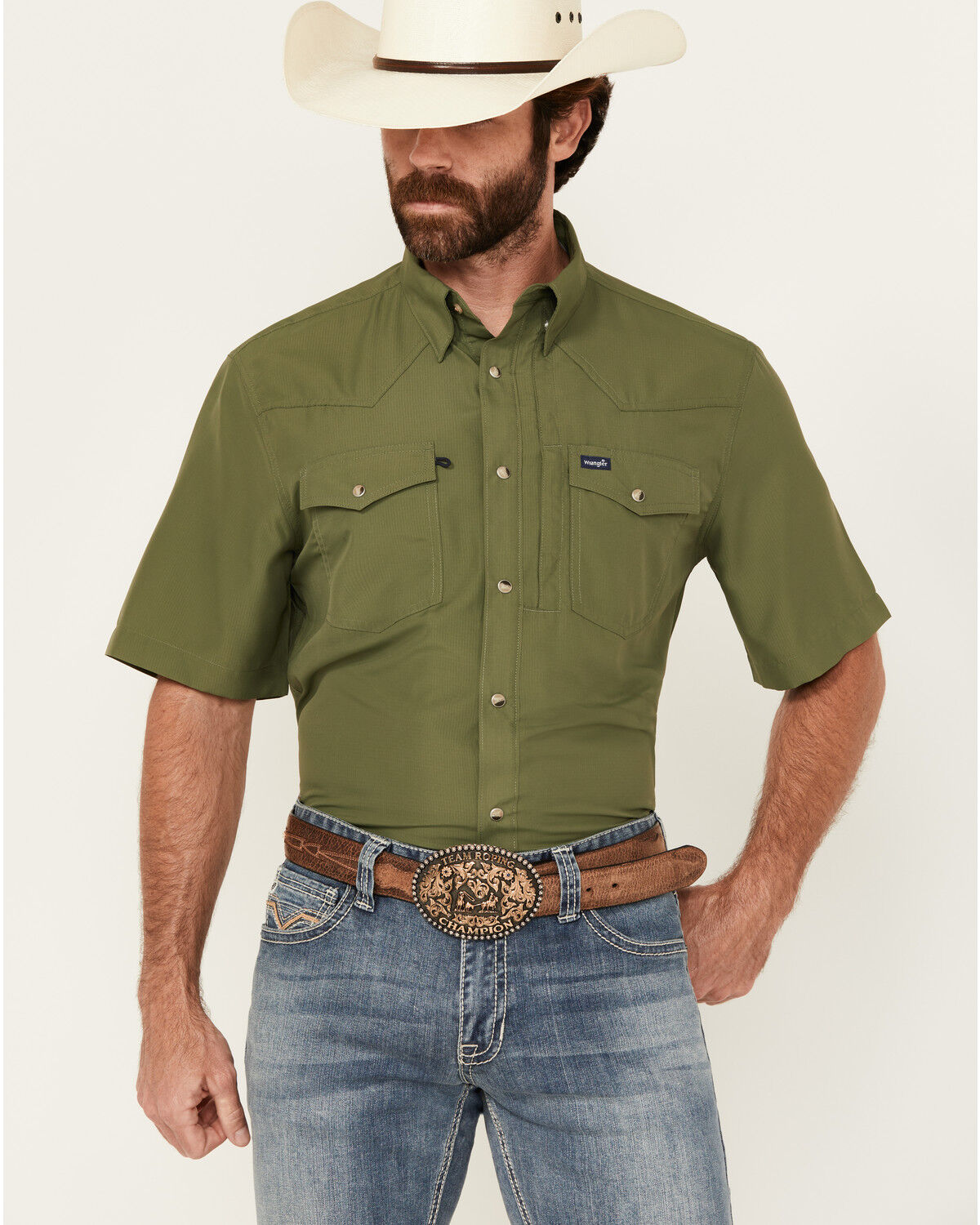 Image #1 - Wrangler Men's Solid Short Sleeve Snap Performance Western Shirt, Green, hi-res