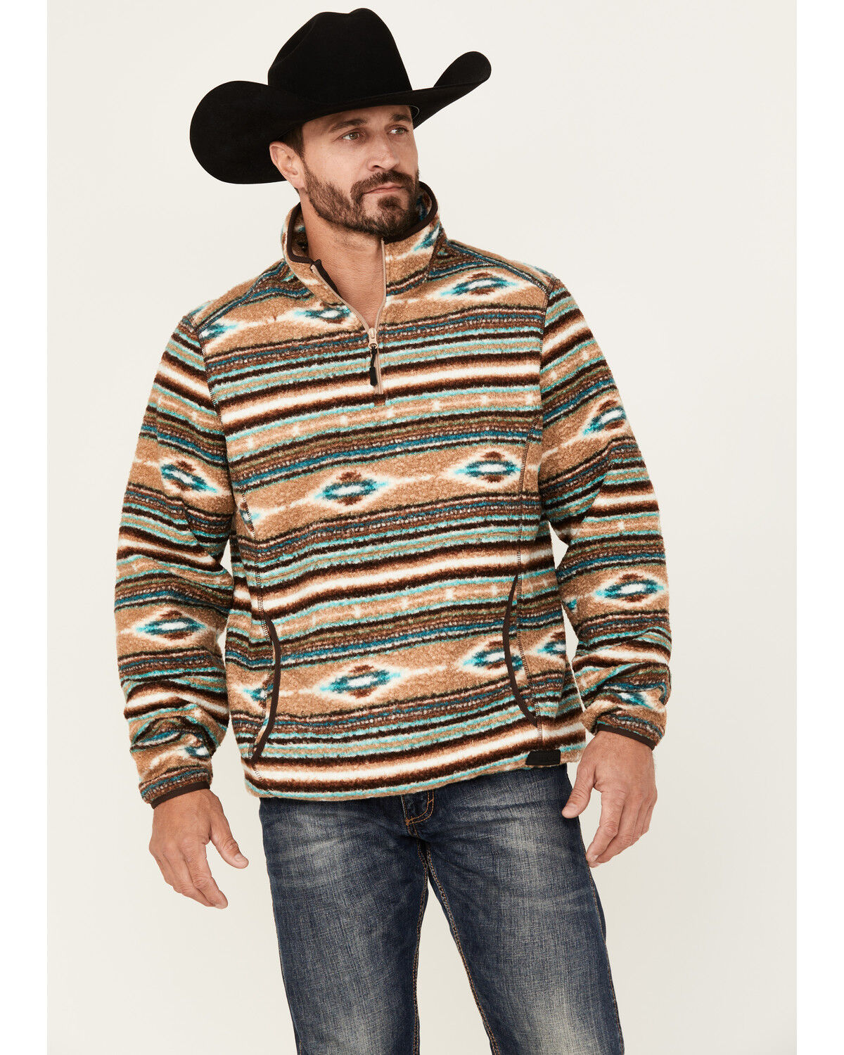 Image #1 - Rock & Roll Denim Men's Southwestern Striped Berber 1/4 Zip Pullover, Multi, hi-res