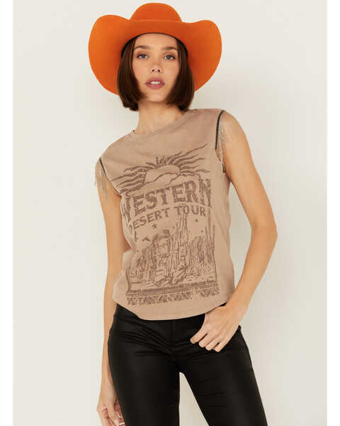 Image #1 - Rock & Roll Denim Women's Chain Fringe Graphic Sleeveless Tank Top, Taupe, hi-res