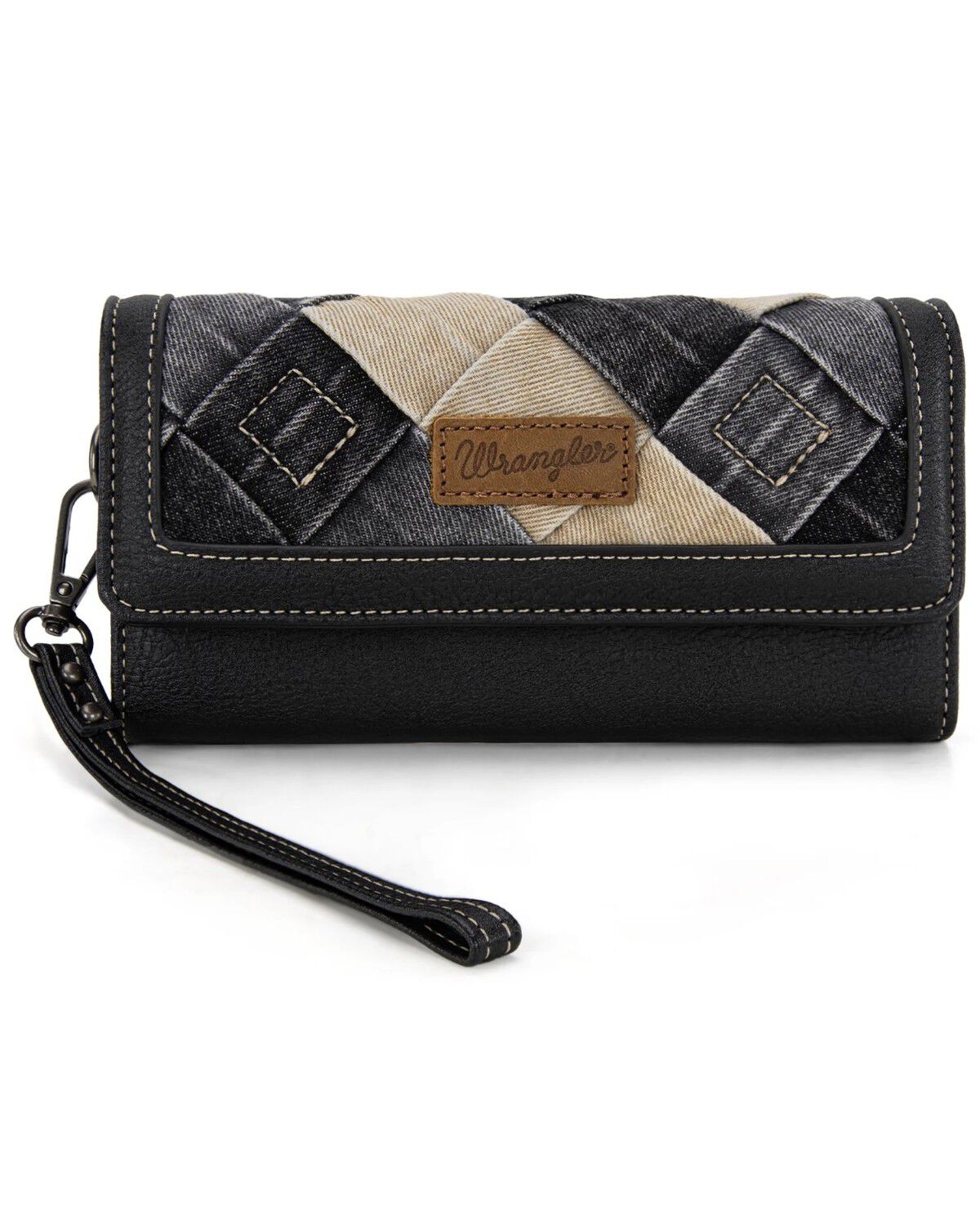 Wrangler Women's Denim Woven Tri-Fold Wristlet Wallet, Black, hi-res