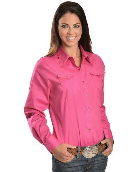 Image #1 - Wrangler Women's Solid Long Sleeve Rhinestone Snap Western Shirt, Pink, hi-res