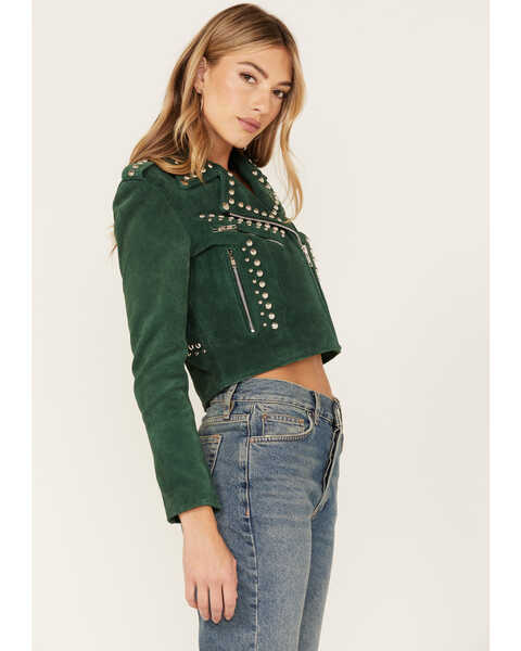 Image #3 - Understated Leather Women's Runway Studded Suede Moto Jacket, Green, hi-res