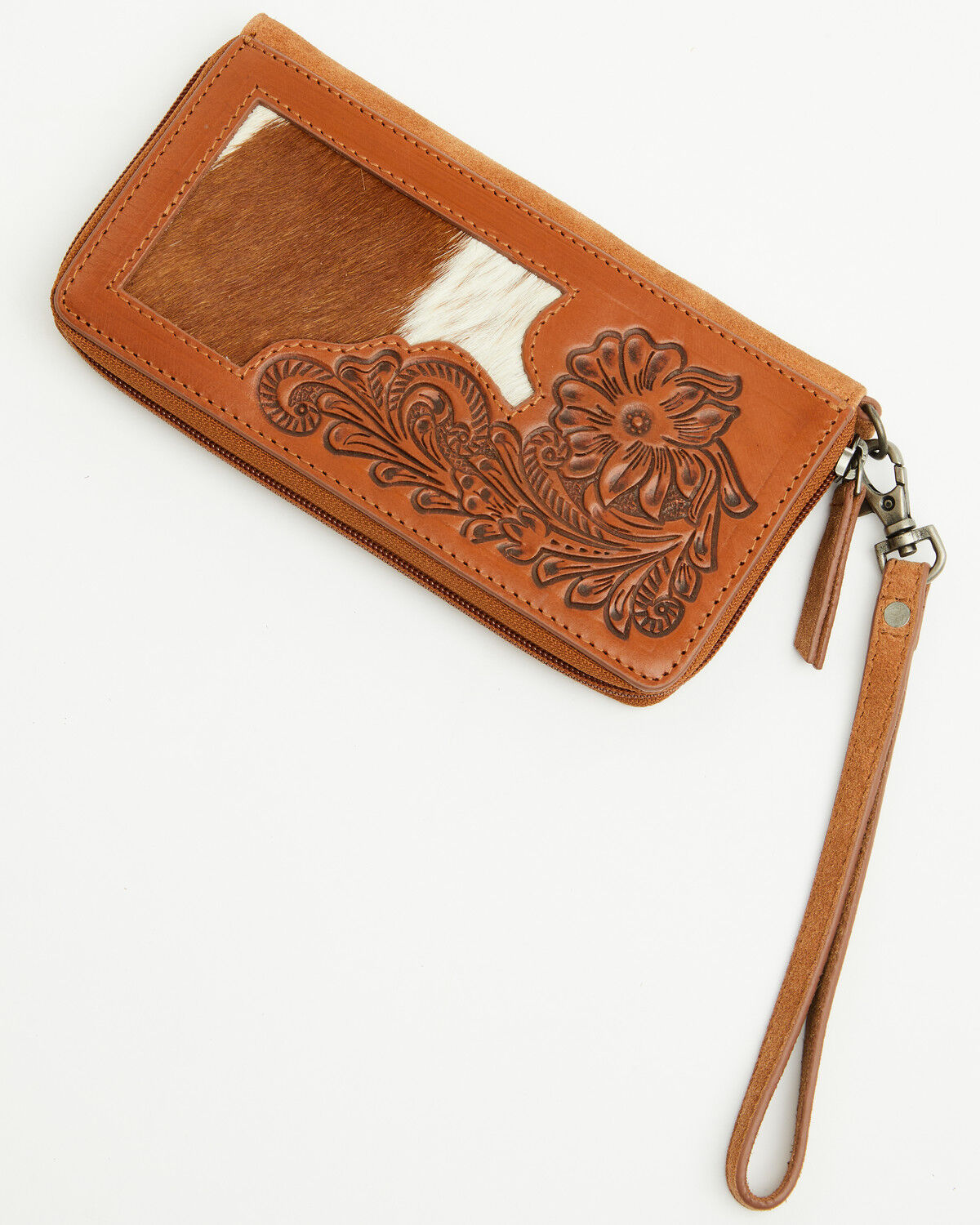 Image #1 - Shyanne Women's Hair On Hide Tooled Leather Wristlet Wallet, Brown, hi-res