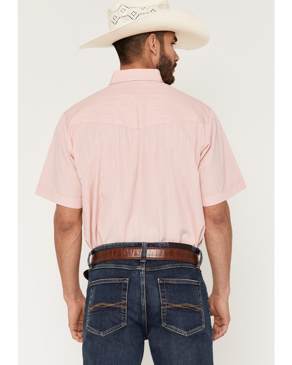 Image #4 - Ely Walker Men's Tonal Striped Short Sleeve Pearl Snap Western Shirt, Pink, hi-res
