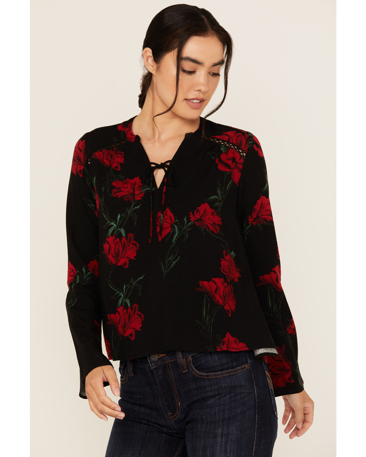Image #1 - Idyllwind Women's Libbel Rose Print Long Sleeve Top, Black, hi-res