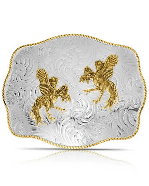 Montana Silversmiths Men's Extra Large Engraved Scalloped Buckle With Fighting Roosters , Silver, hi-res