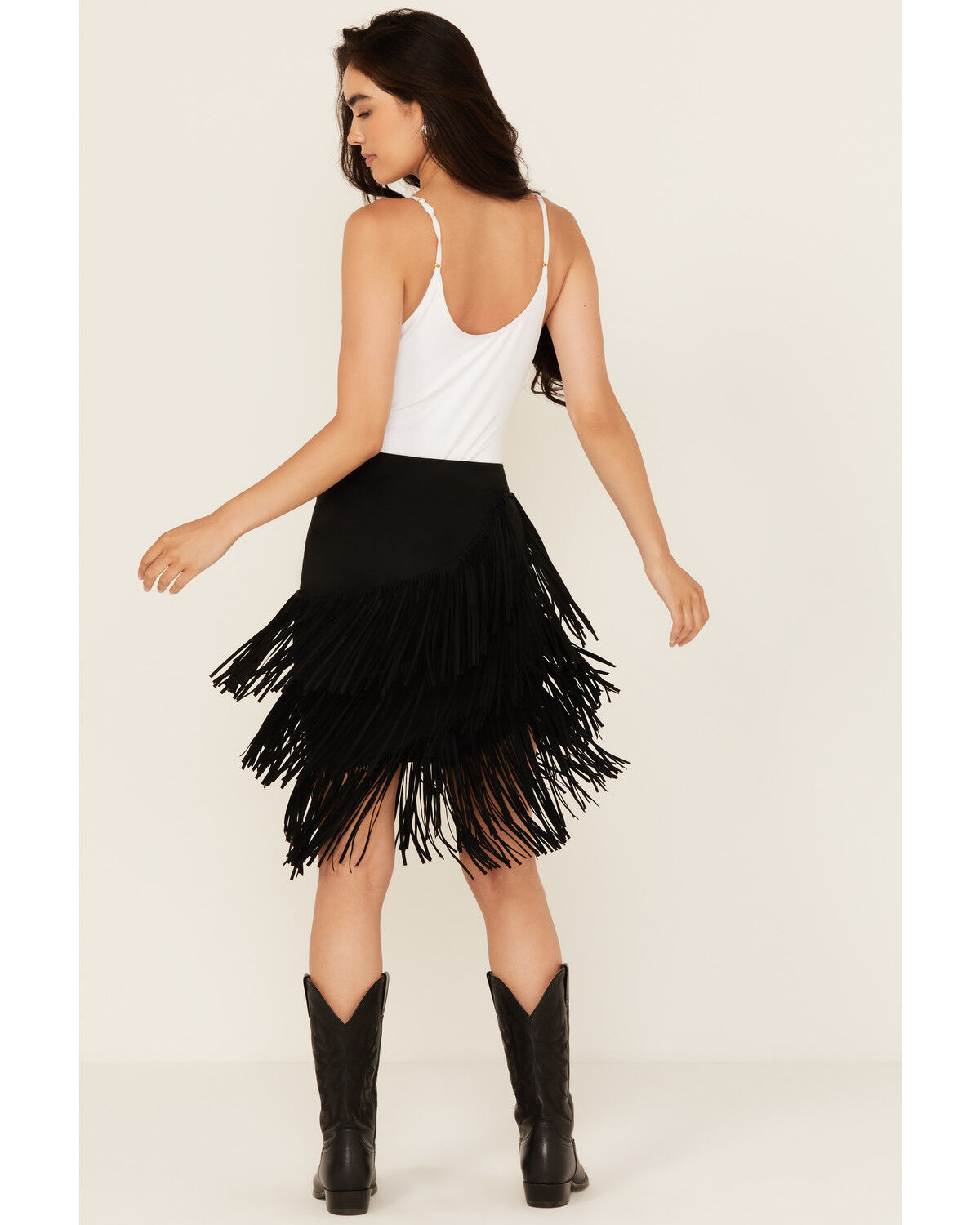 Image #3 - Idyllwind Women's Tina Asymmetrical Faux Suede Fringe Mini Skirt, Black, hi-res