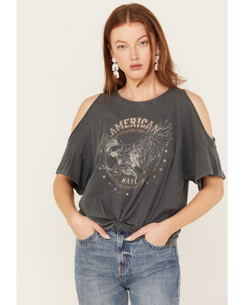 White Crow Women's American Eagle Cold Shoulder Graphic Tee, Charcoal, hi-res