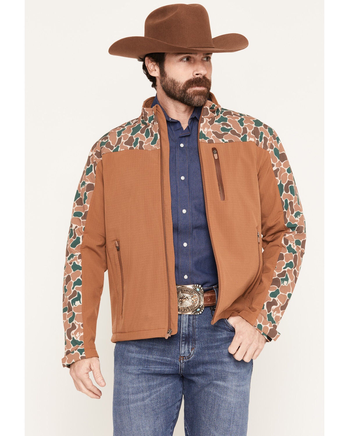 Image #1 - Hooey Men's Jackson Camo Color Block Softshell Jacket, Camel, hi-res