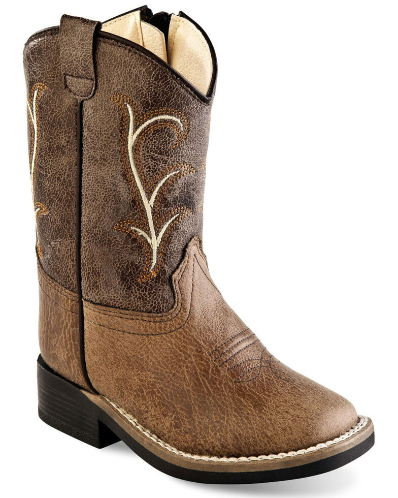 Old West Boys' Faux Leather Shaft Embroidery Western Boots - Wide Square Toe, Brown, hi-res