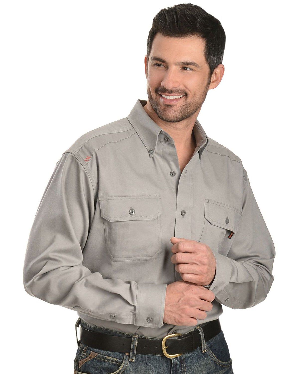 Ariat Men's FR Solid Long Sleeve Button Down Work Shirt, Silver, hi-res