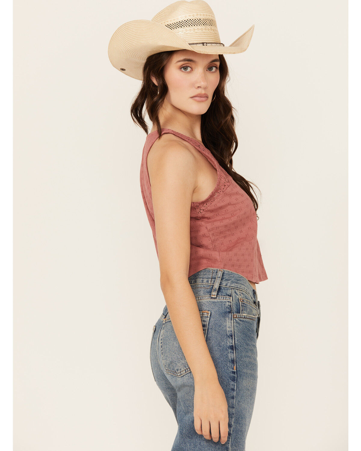 Image #2 - Cleo + Wolf Women's Blaire Cropped Jacquard and Lace Tank, Oatmeal, hi-res