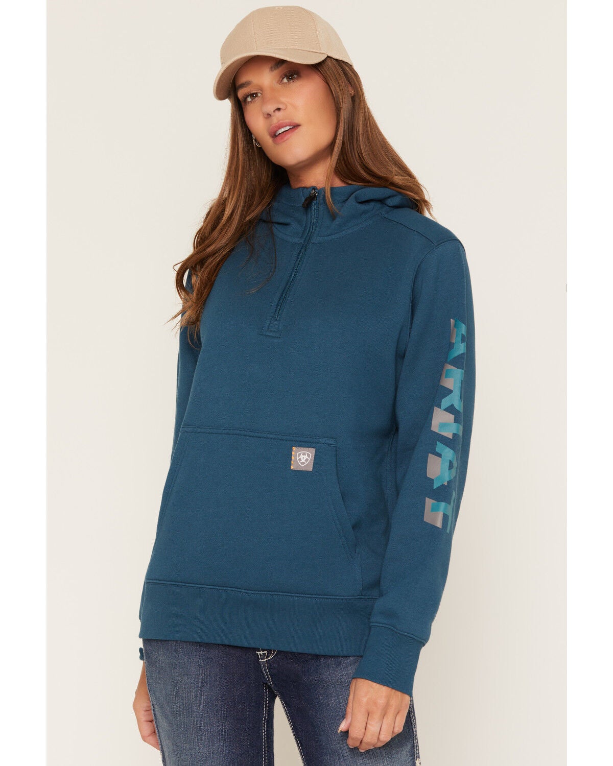 Image #1 - Ariat Women's Rebar Lightweight Logo 1/2 Zip Hooded Pullover, Turquoise, hi-res