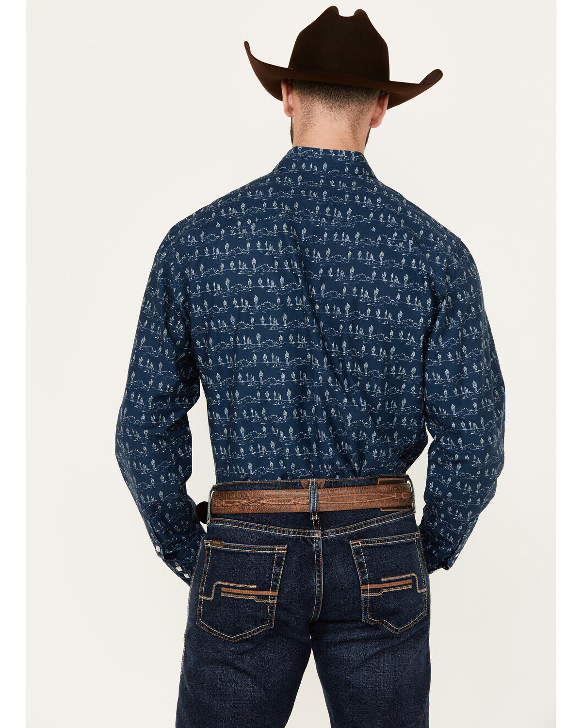 Image #4 - Roper Men's West Made Cactus Print Long Sleeve Pearl Snap Western Shirt, Dark Blue, hi-res