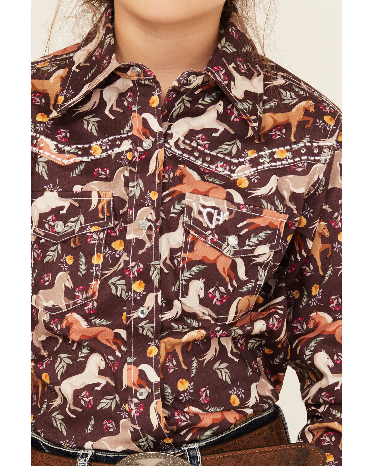 Image #3 - Cowgirl Hardware Girls' Floral Horse Print Long Sleeve Snap Western Shirt, , hi-res
