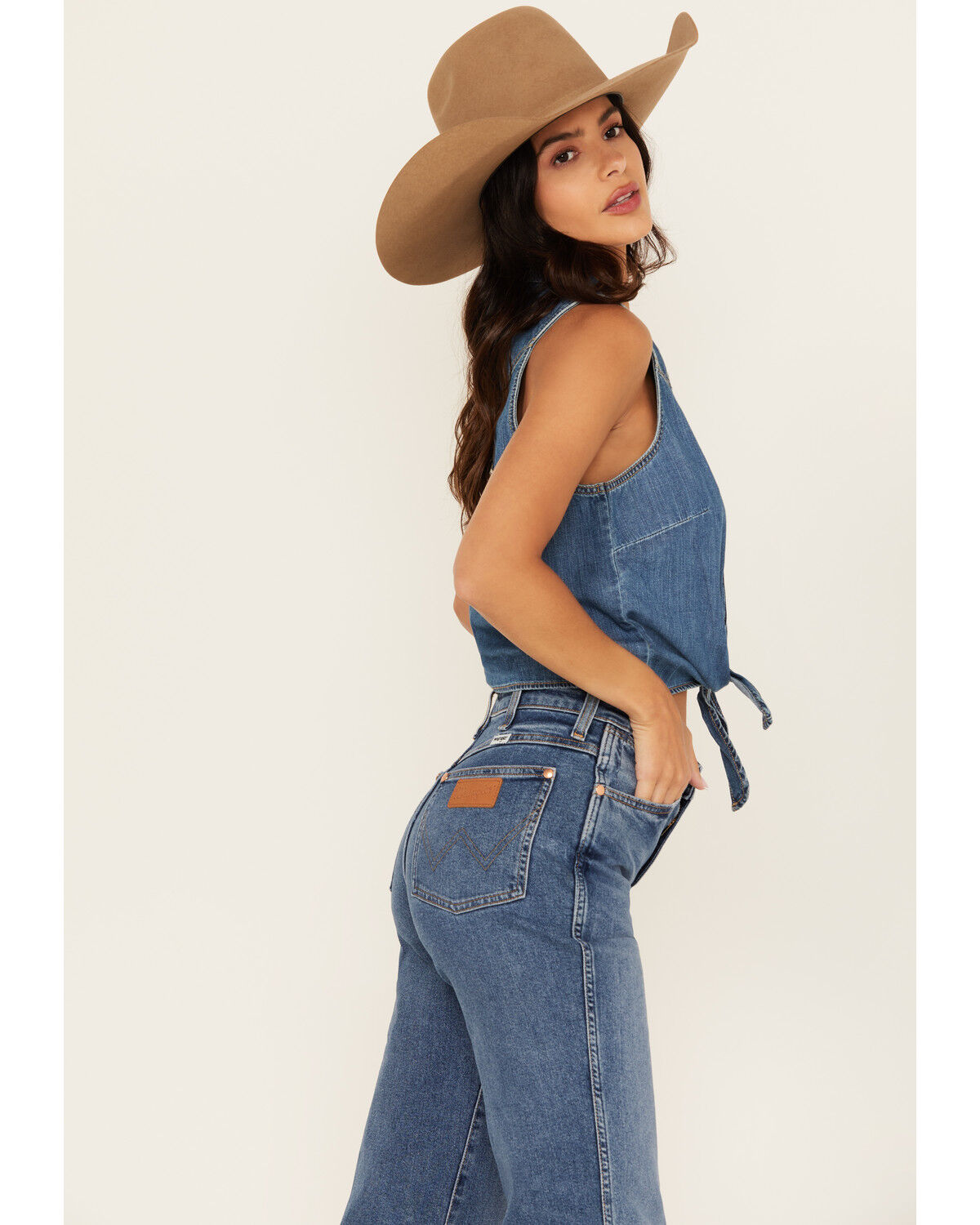 Image #2 - Wrangler Retro Women's Dark Wash Tie-Front Sleeveless Snap Western Shirt, Dark Wash, hi-res