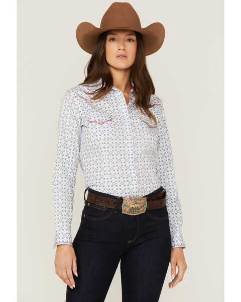 Image #1 - Panhandle Women's Mini Southwestern Geo Whipstitch Long Sleeve Pearl Snap Western Shirt, Blue, hi-res